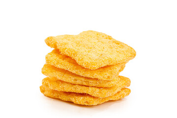 Golden Crispy Cheese Crackers Stack Isolated on White Background - Healthy Low Carb Snack Food