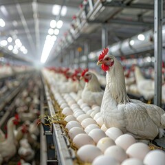 A brightly lit indoor chicken farm interior shows rows of white hens resting on rails lined with fresh eggs