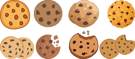 Chocolate chip cookies with bites taken food Crunchy cookie  vector cookies on white background 