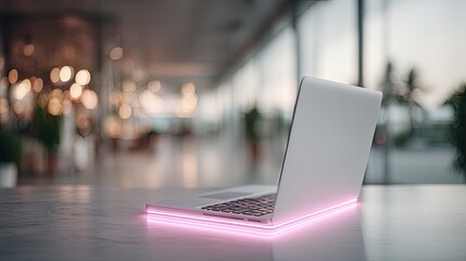 Sleek Laptop on Marble Surface with Pink Lighting in Modern Office Lobby