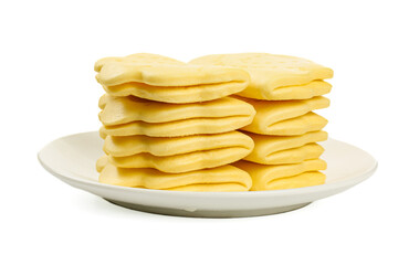 Handmade Traditional Golden Pancakes with Ruffles Stacked on White Plate Gourmet Breakfast Food