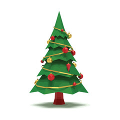 Vector art of a stylized green christmas tree decorated with red ornaments and gold garland