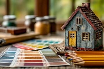 Miniature house and color swatches architectural model color palette