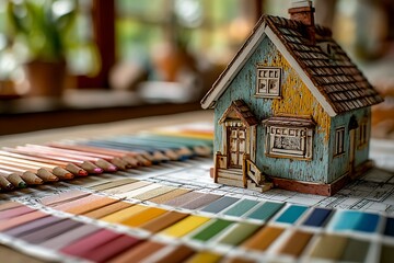 Miniature house model with color swatches and pencils architectural model