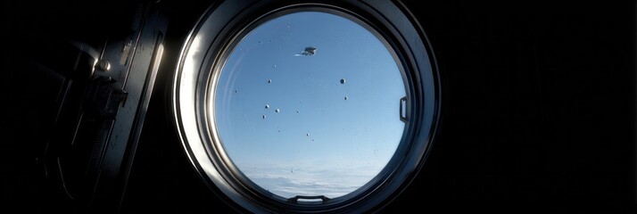Round window on black background revealing space universe with open door leading to another dimension, blue sky asteroids and spaceship creating cinematic abstract business concept.