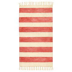 Obraz premium Watercolor striped beach towel with red and cream colors and fringe detail. Ideal for summer or beach designs. Transparent background.