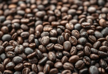 Fototapeta premium Dark roasted organic coffee beans close-up, rich aroma, texture, ethical