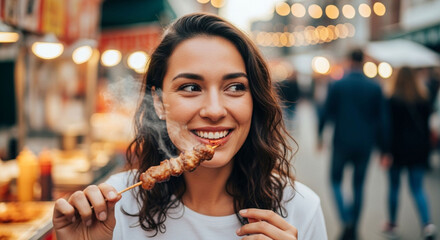 Happy woman enjoying street food at night market eating grilled meat skewers delicious tasty food travel experience