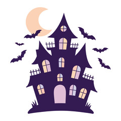 Vector art of purple haunted mansion with bats and crescent moon