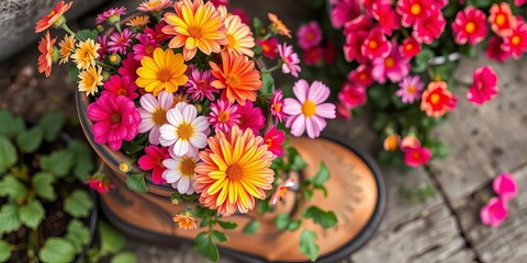 Overhead shot of vibrant flowers bursting from a worn boot planter,  dirt,  colorful