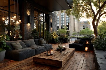 Modern outdoor terrace with dark sofas and wooden table modern design wooden floor