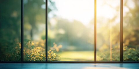 Naklejka premium Lush green landscape viewed through large glass windows, serene sunlight illuminating nature, relaxing indoor environment.