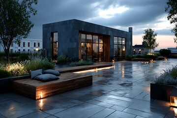 Modern rooftop terrace with building and seating outdoor