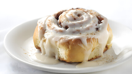 Soft Cinnamon Roll with Cream Cheese Glaze on White Plate in Beautiful Lighting