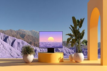Modern screen display with vibrant sunset landscape and lush plants mountains