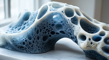 Porous sculpture displayed indoors on marble, window light