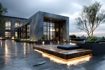 Modern stone building with outdoor wooden deck and tree modern architecture stone facade