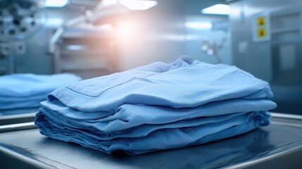 Neatly Folded Blue Scrubs on Stainless Steel Table in Medical Room