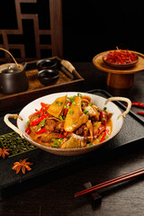 Hubei Style Braised Chicken with Bamboo Shoots Traditional Chinese Cuisine in White Ceramic Dish