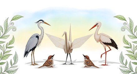 Heron, Stork, Sparrows, and Origami Crane Illustration with Leafy Border
