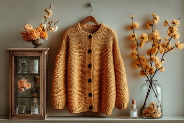 Mustard yellow knitted cardigan with dark buttons and floral arrangements vase