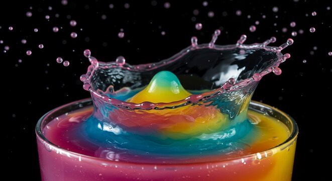 Colorful liquid splash in a glass with vibrant rainbow hues and dynamic splash motion isolated on black background