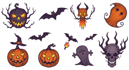 Halloween element set. Design for web banner, scrapbook, greeting card, invitation, poster, template, tag, stickers and party clipart.