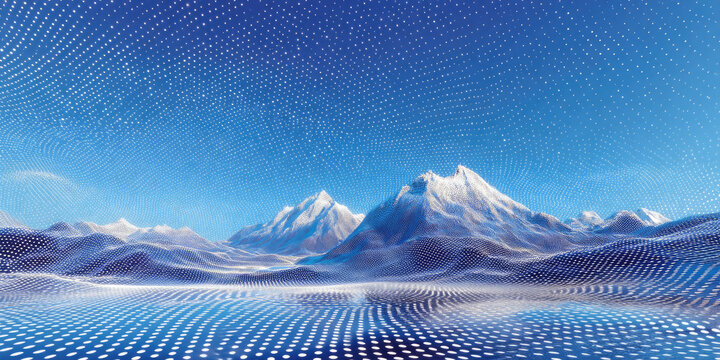 Futuristic digital landscape with blue gradient background featuring undulating surface covered in white dots resembling mountain range made from light and energy lines creating movement and depth.