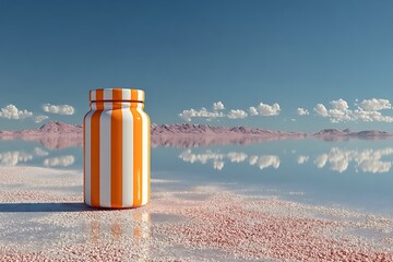 Orange and white striped container on pink salt flats stripes