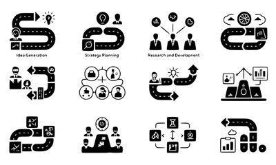 Corporate Innovation Roadmap Icon Pack – 10 Vector Illustrations, Business Strategy, Idea Generation, Team Collaboration