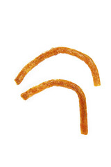 Handmade Spicy Beef Tendon Sticks - Crispy Chili Seasoned Meat Snacks Isolated on White Background