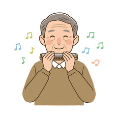 Vector art of senior gentleman enjoying playing the harmonica, surrounded by colorful musical notes