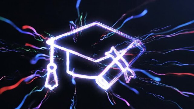 digital light trails form graduation cap diploma