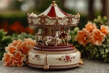 Ornate carousel music box with white horses and red accents decorative