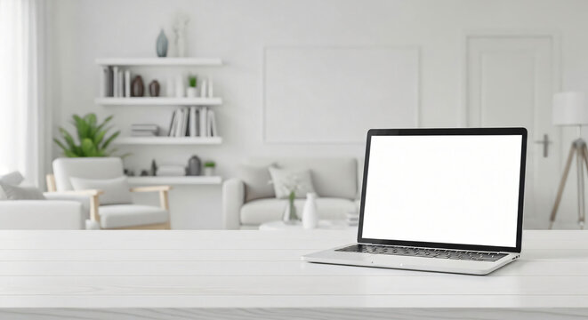Laptop Mockup in Bright Minimalist Living Room Interior