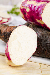 Fresh Purple Turnip Slices on Wooden Board - Healthy Root Vegetable Ingredient