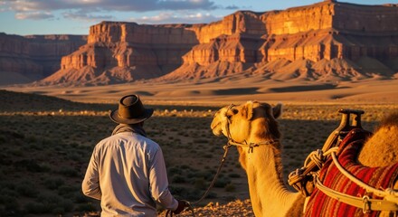 Man with a camel in a desert landscape at sunset. Traveler looking at scenic rock formations in Morocco. Adventure and journey in nature