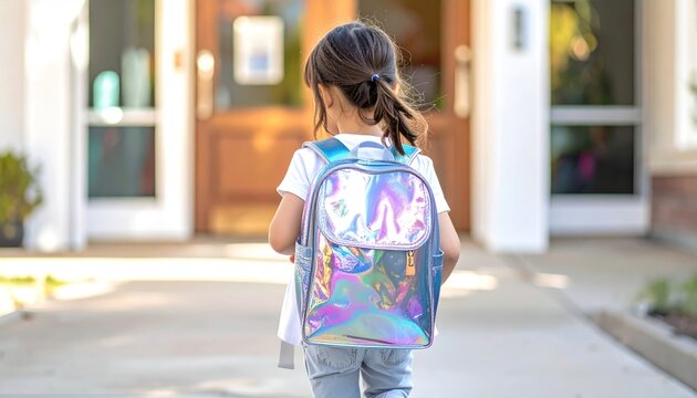 Young girl with iridescent backpack walking toward a school building