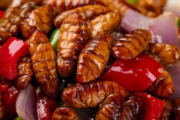 Spicy Fried Silkworm Pupae with Peppers - Traditional Shandong Chinese Street Food Delicacy