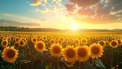 Fototapeta premium A sunflower field under a bright summer sky, hyper realistic photography