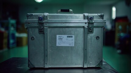 Metallic storage box with industrial design in a dimly lit space