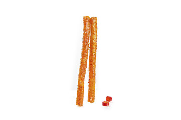 Spicy Golden Snack Sticks Handmade Weilong Style Crispy Asian Treats with Chili on White Background