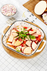 Shandong Sweetheart Radish Salad with Ice-Cold Sweet Cream Dressing on Wooden Serving Board