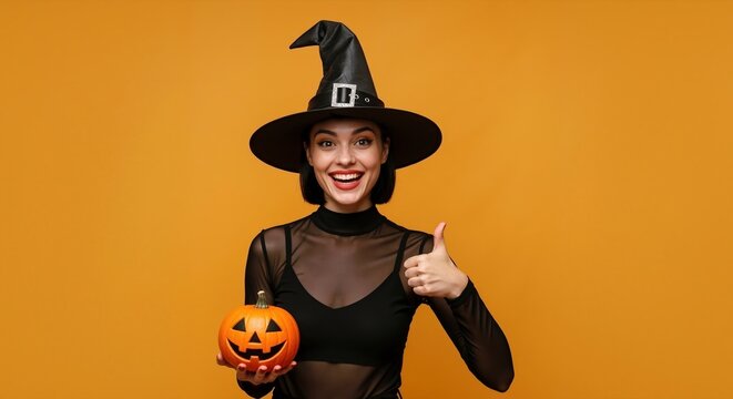 Smiling woman in a witch costume holds a jack-o'-lantern and gives a thumbs up. Happy Halloween celebration concept on an orange studio background