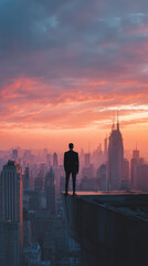 Obraz premium Man silhouette city skyscraper sunset dramatic urban skyline standing edge confidence ambition determination business success tall modern