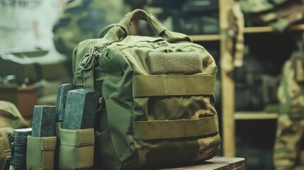 Military Tactical Gear in Loaded Storage for Outdoor Adventures