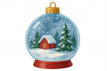 Christmas winter wonderland snow globe with red house and pine trees, transparent background