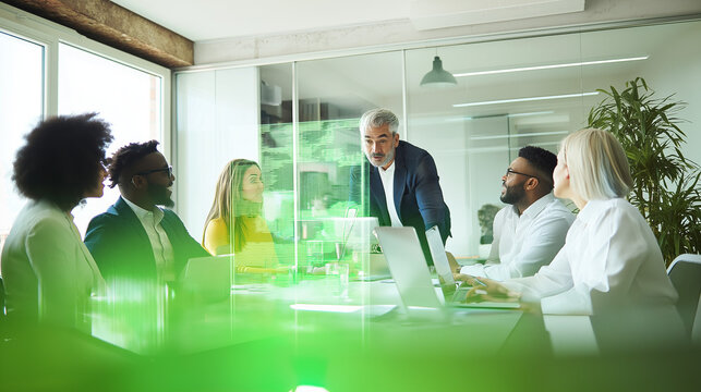 Futuristic Corporate Brainstorming: Diverse Team at Digital Table, Holographic Screen Projection, Minimalist Modern Office, Natural Light, Glass Partitions, Greenery, Cinematic Commercial Shoot