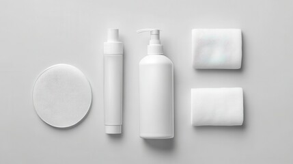 Minimalist Skincare Arrangement with White Cosmetic Containers and Towels