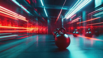 Kettlebells in Gym with Neon Lights and Motion Blur Effect